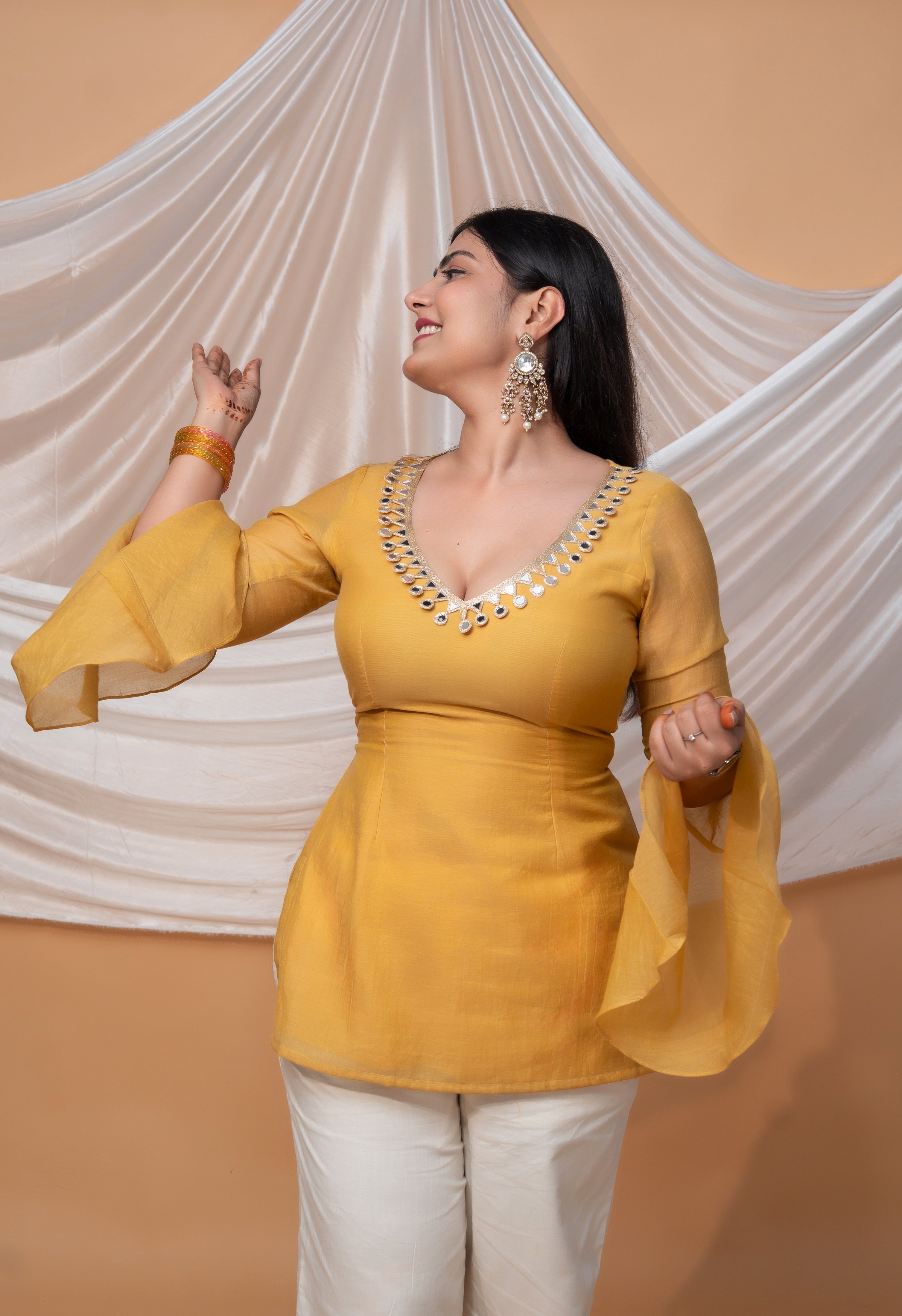 SOLANA CHANDERI MUL SHORT KURTI